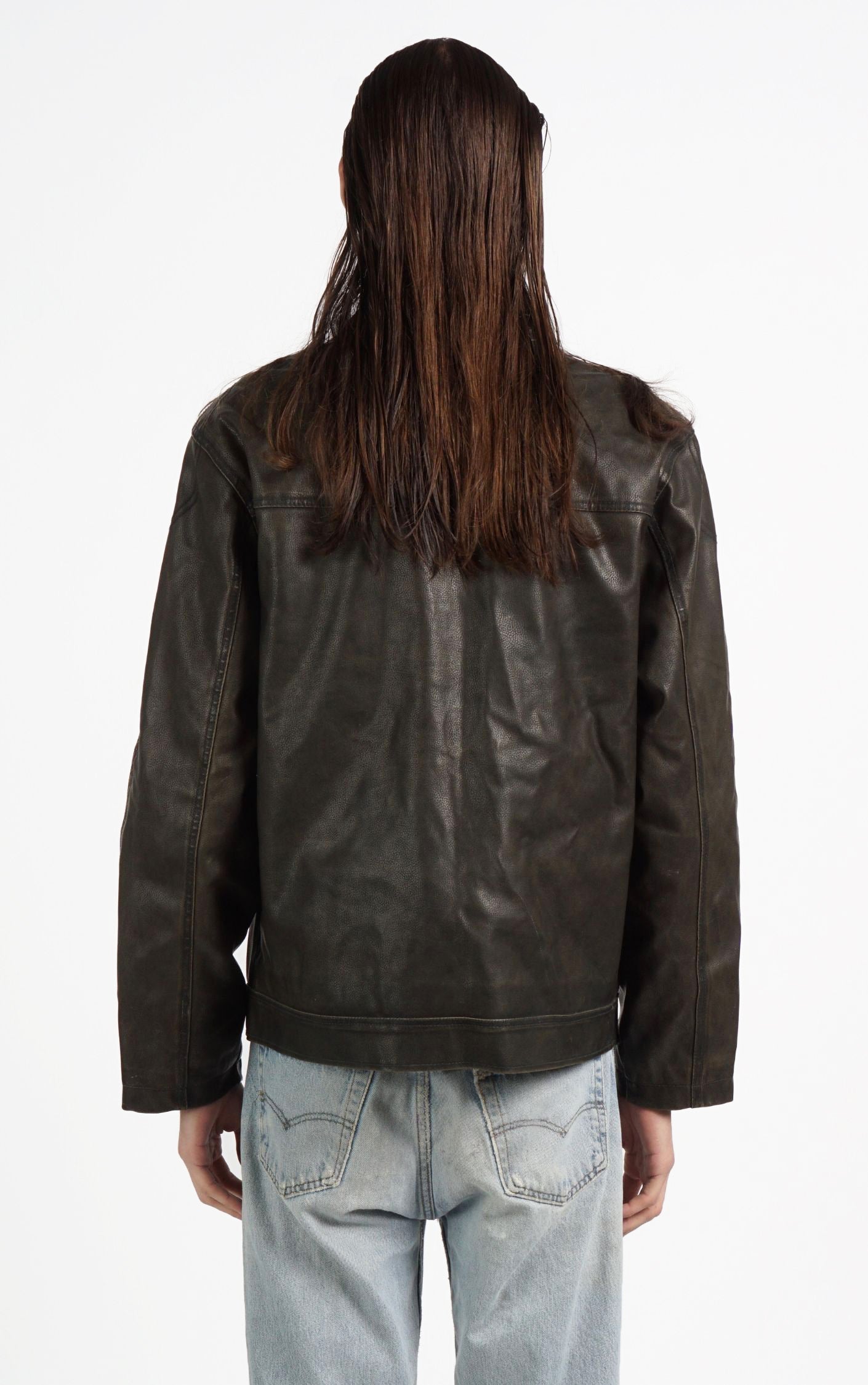 Y2K Brown Faded Leather Motorcycle Grunge Racing Jacket resellum