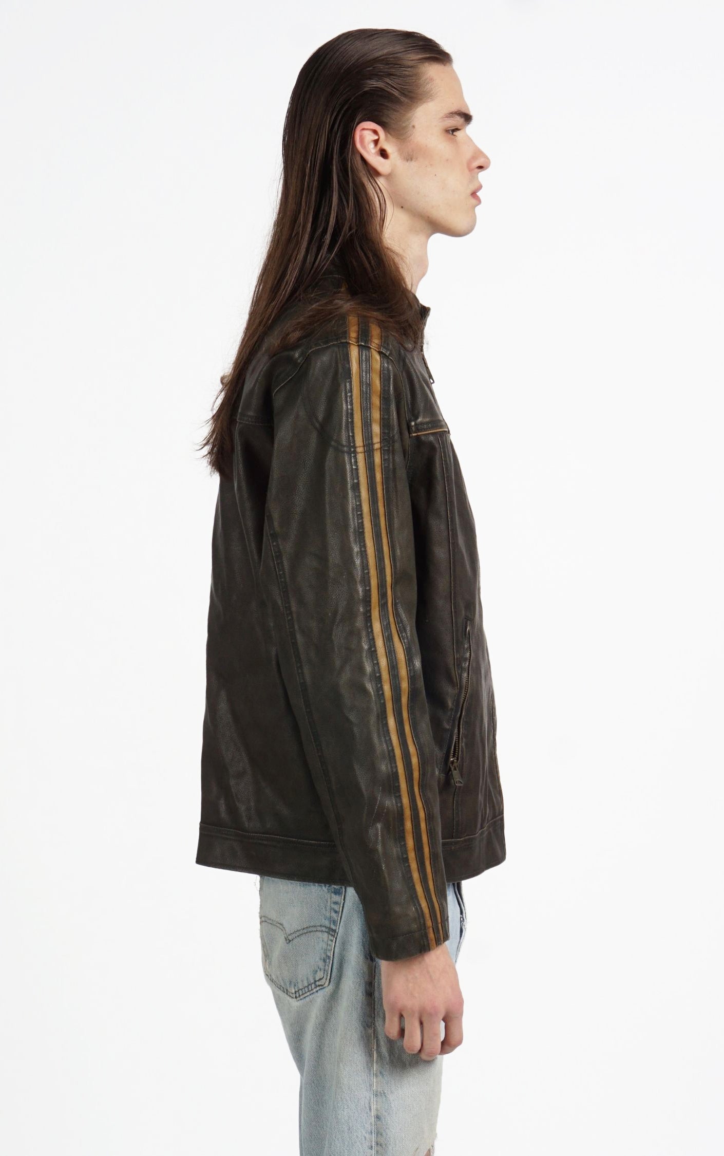 Y2K Brown Faded Leather Motorcycle Grunge Racing Jacket resellum