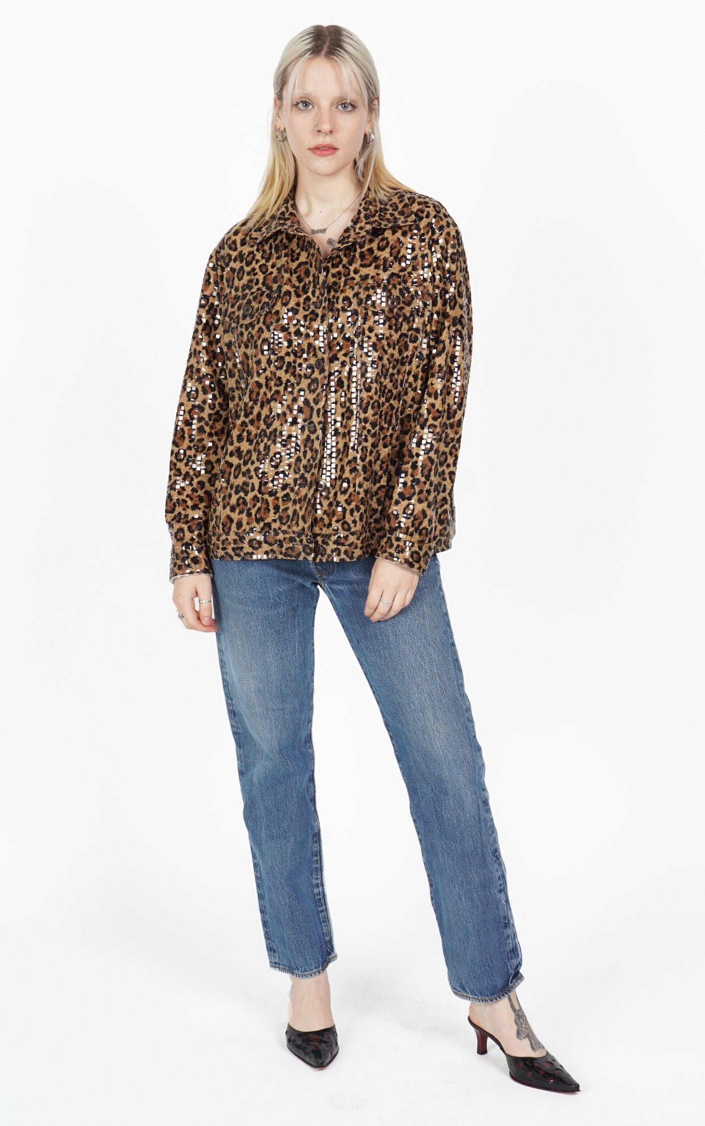 Y2K Cheetah Leopard Animal Print Sequin Pockets Button Down Shirt resellum