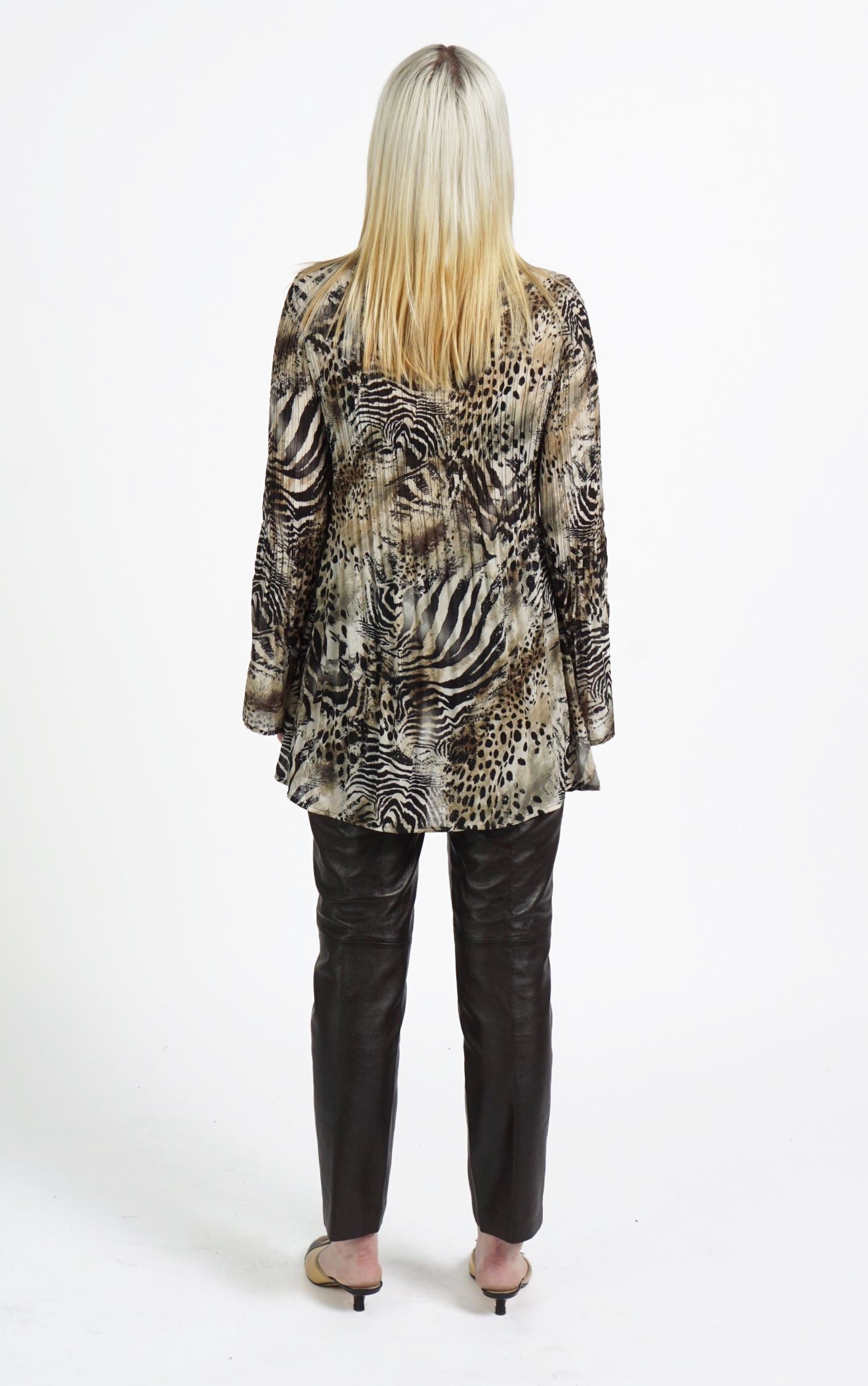 Y2K Cheetah Leopard Buttoned Pleated Plisse Flared Sleeve Blouse resellum