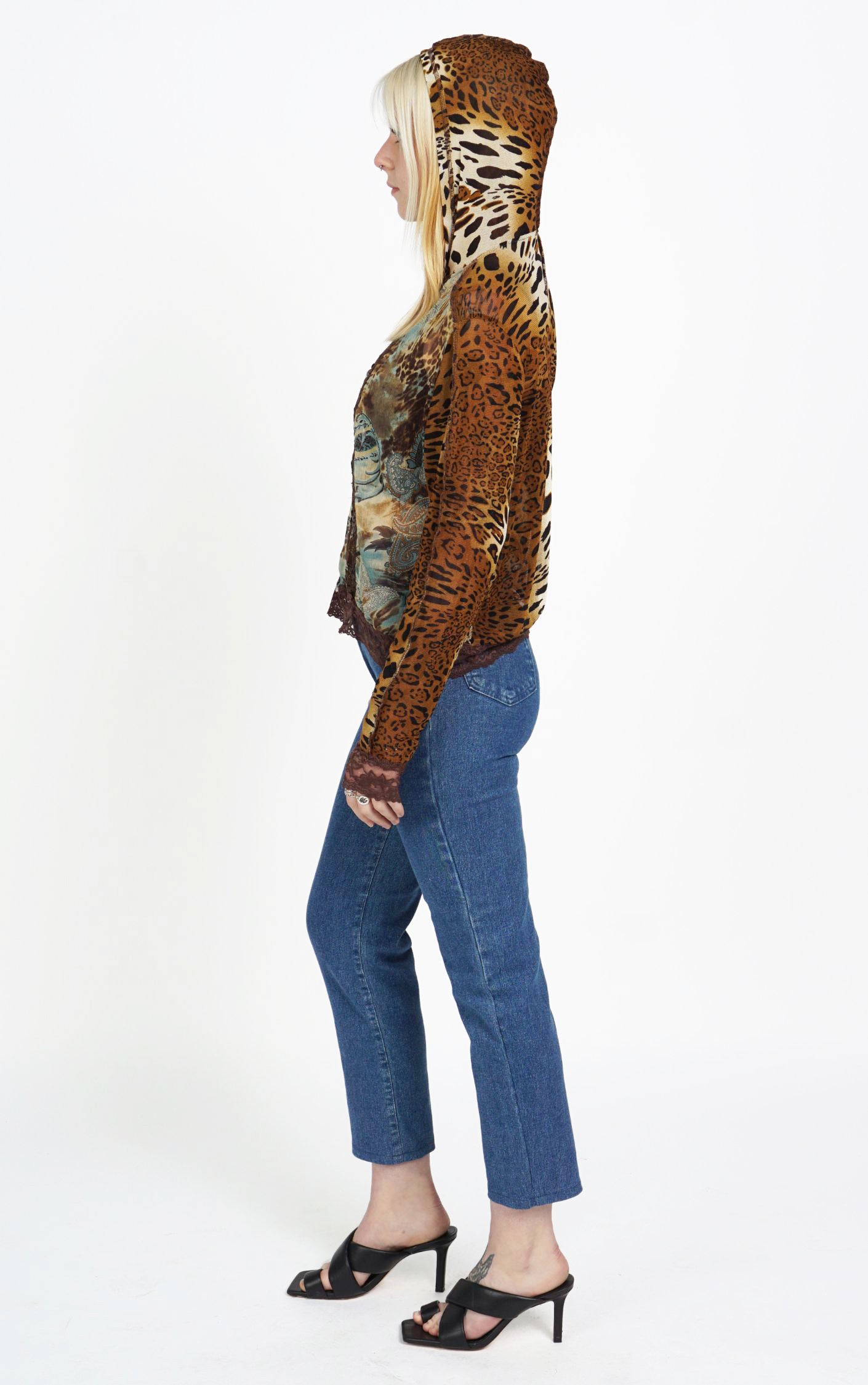 Y2K Cheetah Leopard Zip Up Hooded Sheer Top resellum