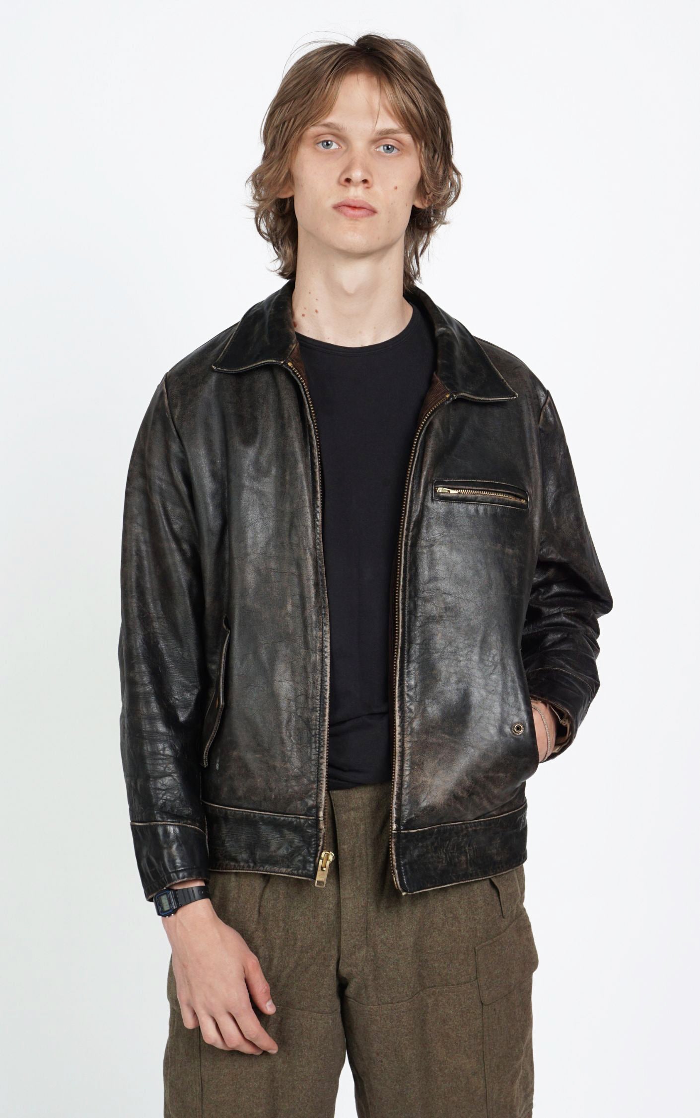 Y2K GAP Real Leather Faded Grunge Bomber Biker Jacket resellum
