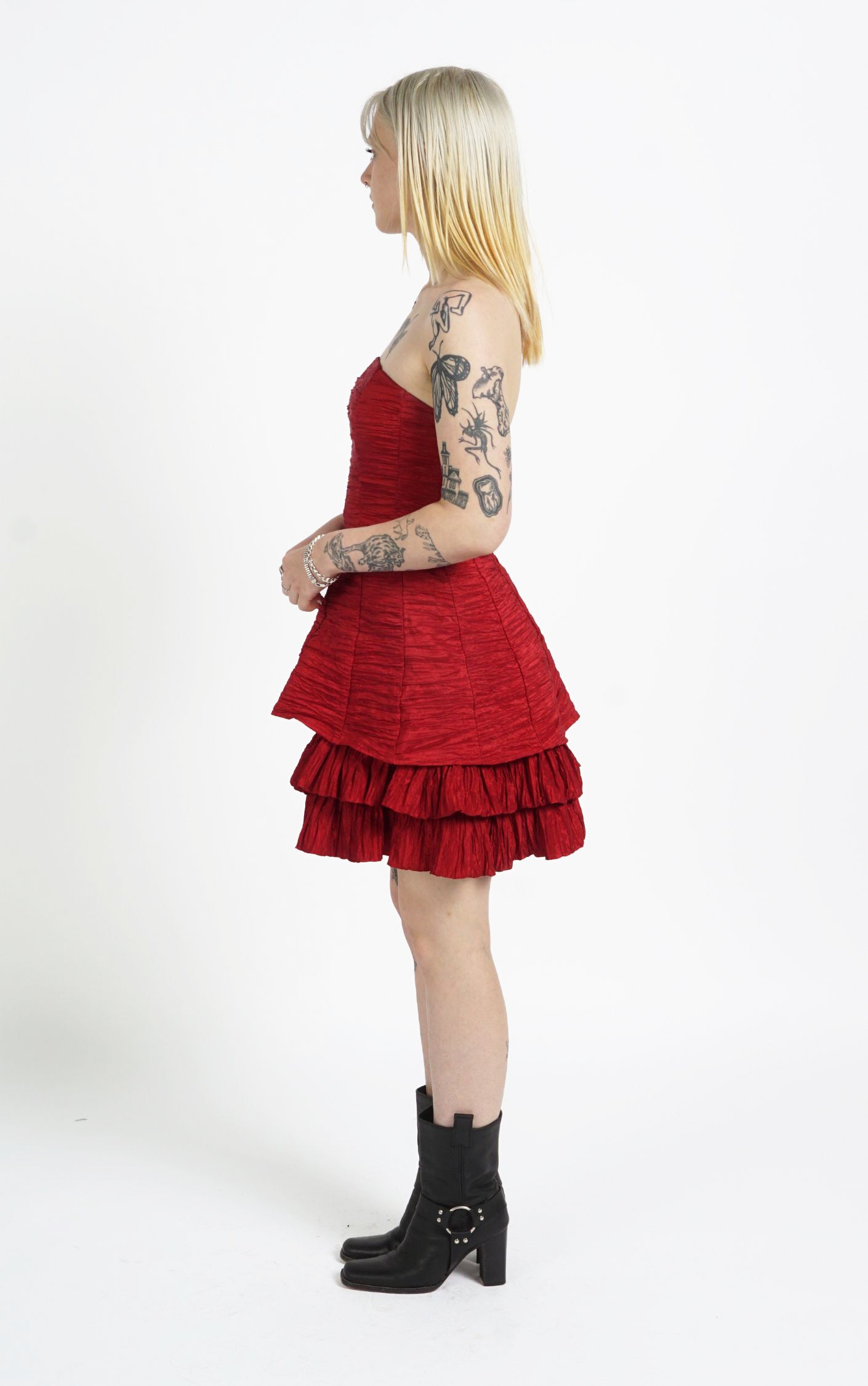 Y2K Red Pleated Frilled Ruched Open Shoulders A-Line Dress resellum