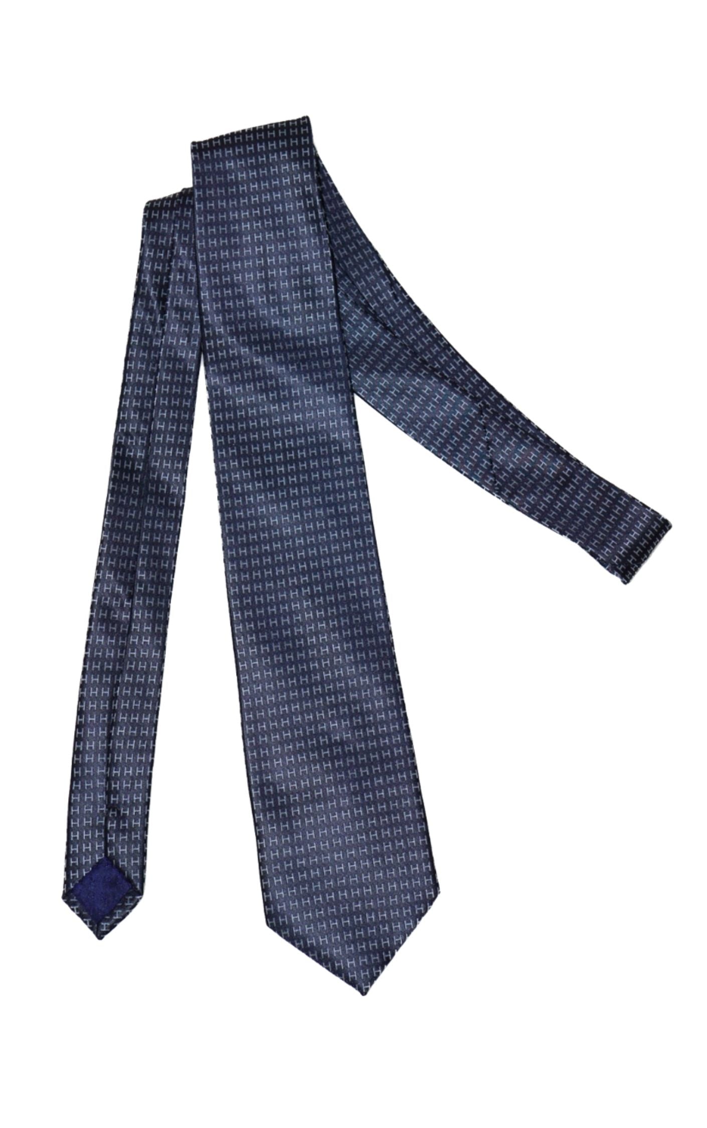 HERMES Vintage Monogram Chain Blue Silk Tie resellum