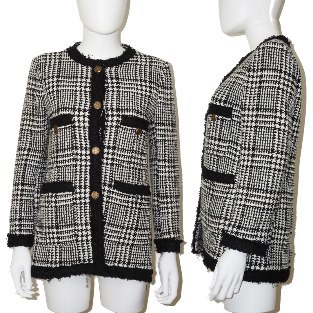 ZARA Tweed Wool Plaid Buttoned Blazer Jacket
